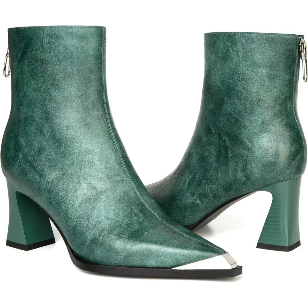 Women's Green Metal Toe Side Zipper Chunky Block Heels Comfortable Short Boots